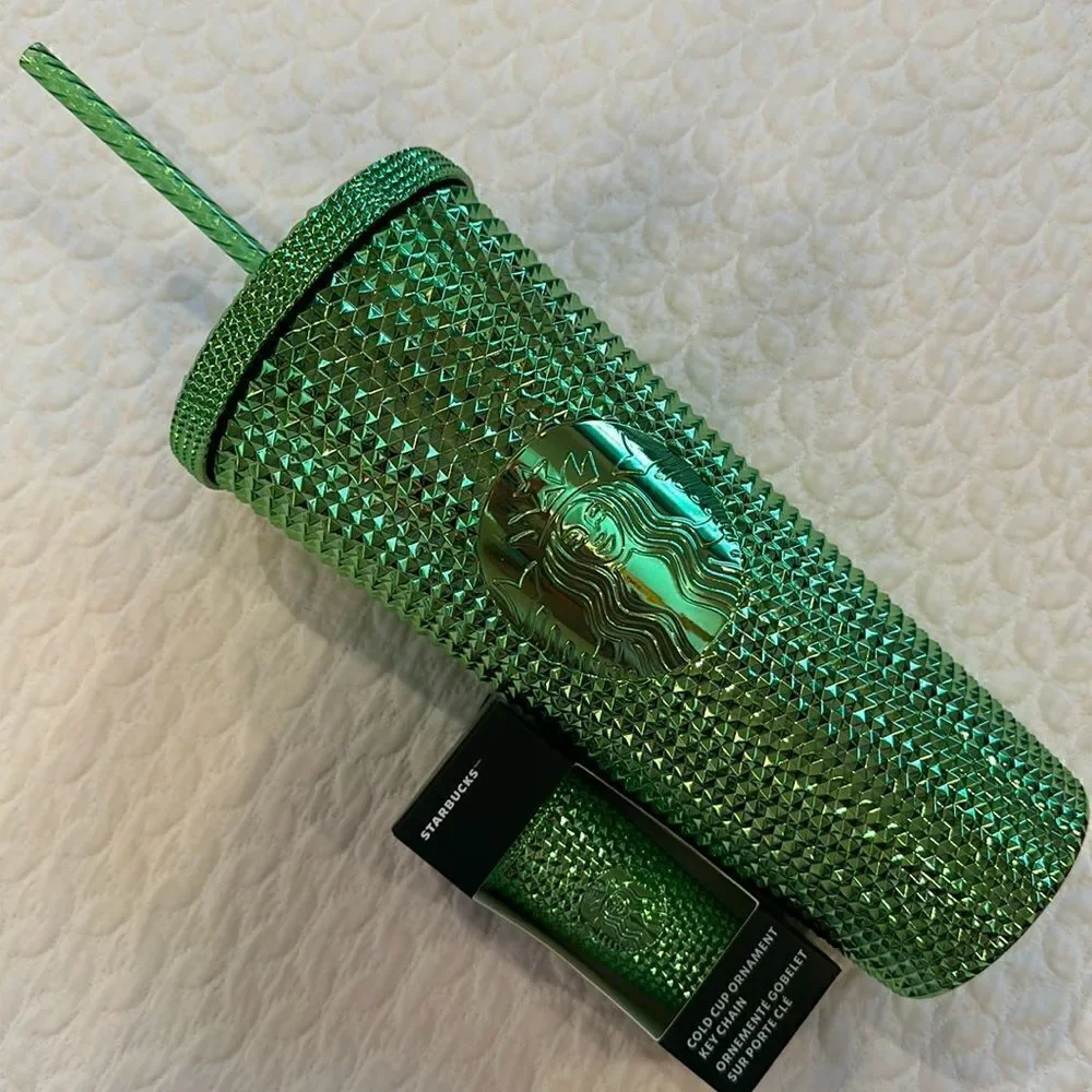 Starbucks 24oz Reusable Green Studded Tumbler and Key Chain Ornament